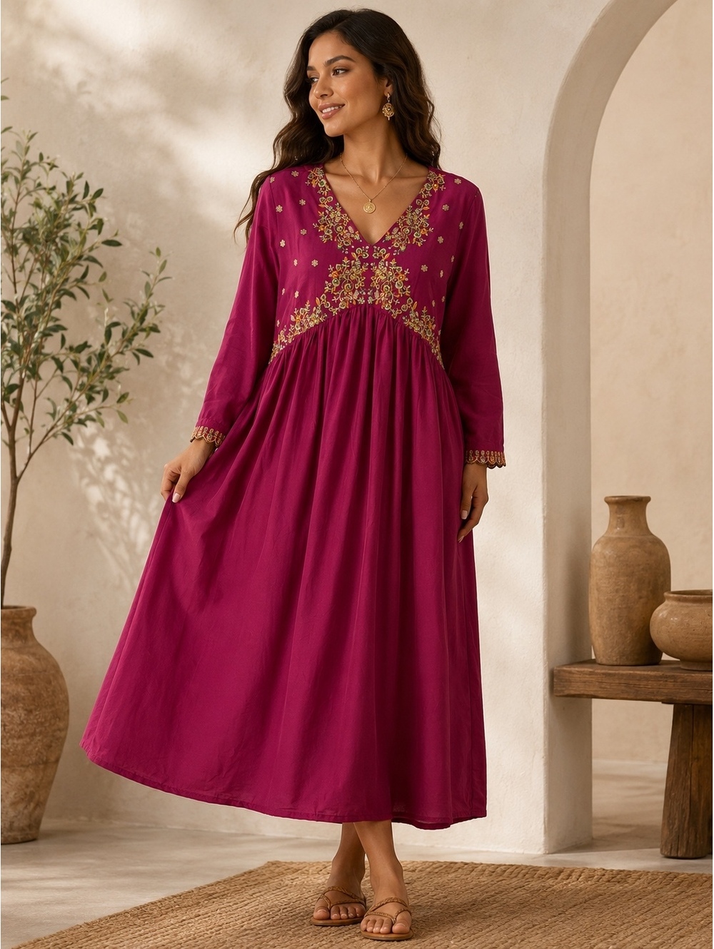 Bohemian Style Embroidered Long Sleeve Maxi Dress‎ in Burgundy